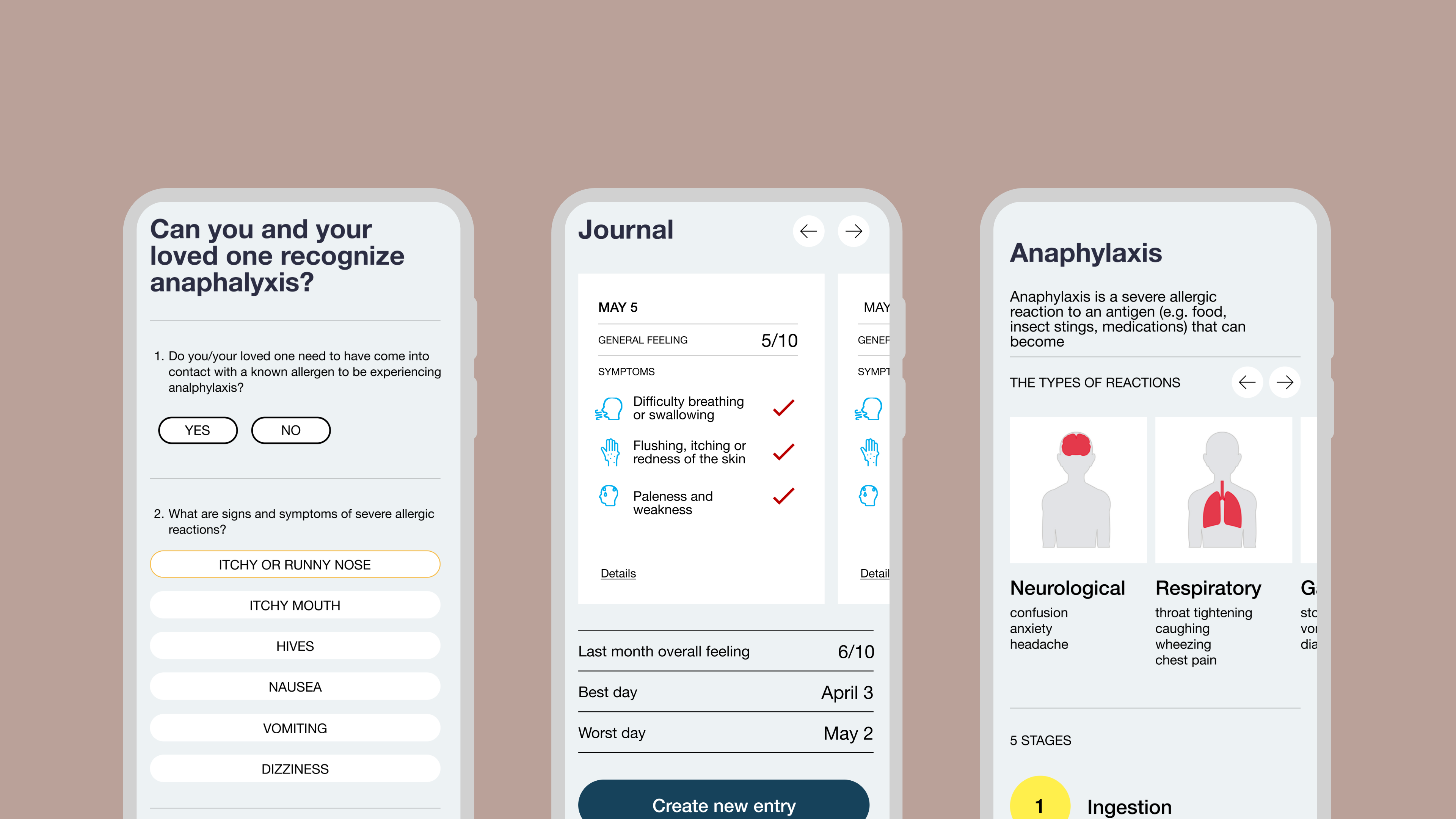 Three mobile devices showing the Epiguard gamified allergy management learning experience